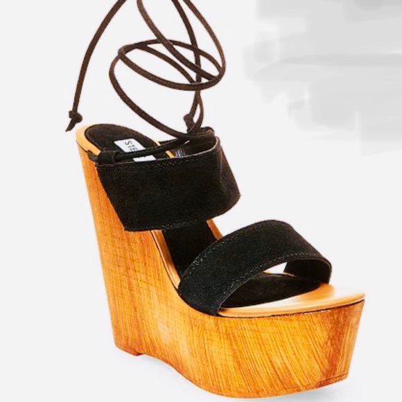 Steve Madden Beachbar Wedge Platform Black Tan 9 Suede wooden heel - Picture 1 of 16